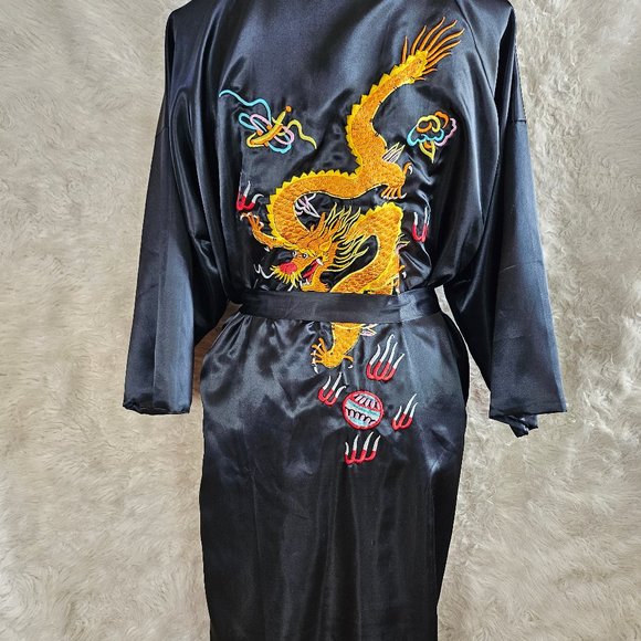 Huahong Mei Unisex Black Satin Asian Dragon Embroidery Long Bathrobe Kimono - Picture 2 of 9